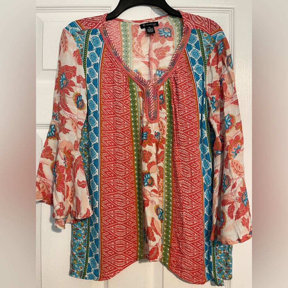 New Direction Floral Bohemian Blouse - Coral and Blue size PL